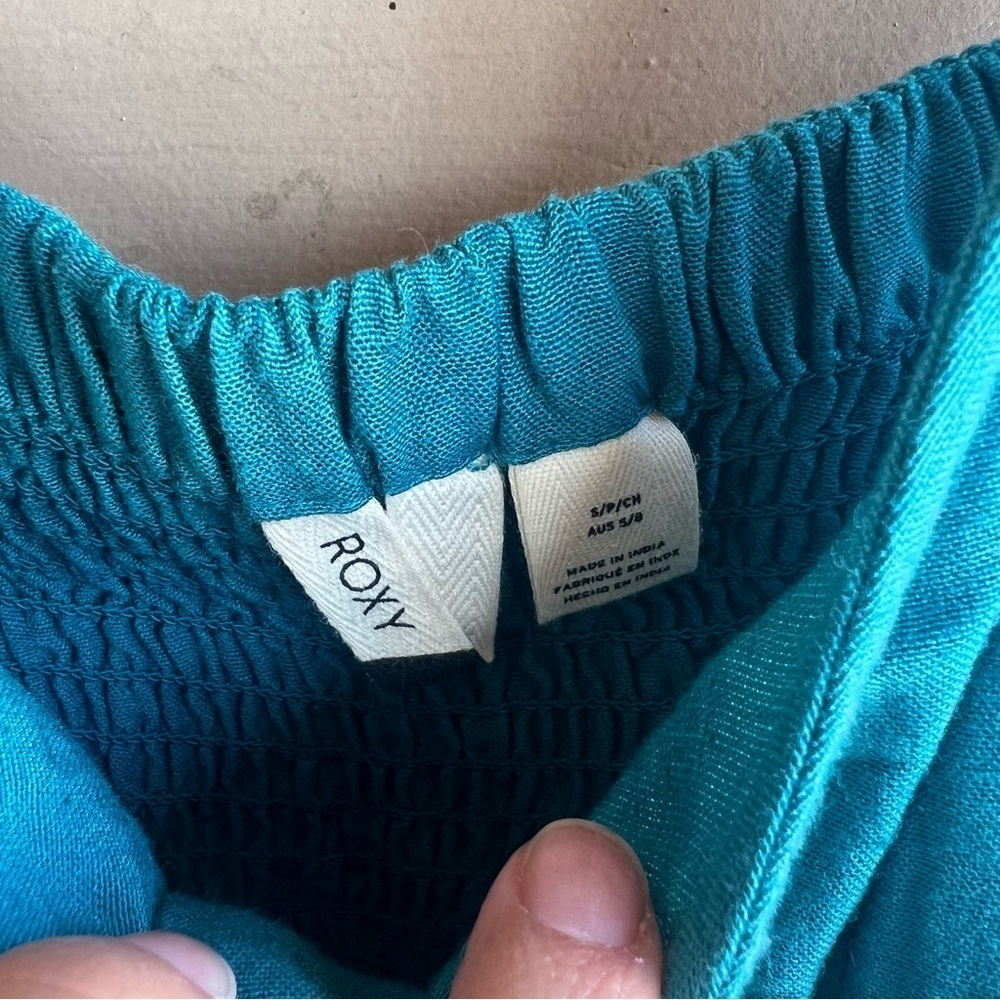 ROXY Mind Trip Jumpsuit Sz S Biscay Bay Teal Waist Tie Smocked Back Linen Blend - Picture 3 of 10